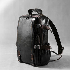Genuine Leather Mens Cool Black Backpack Laptop Bag Large Travel Bag Hiking Bag for Men
