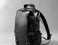 Genuine Leather Mens Cool Black Backpack Laptop Bag Large Travel Bag Hiking Bag for Men
