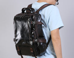 Genuine Leather Mens Cool Black Backpack Laptop Bag Large Travel Bag Hiking Bag for Men
