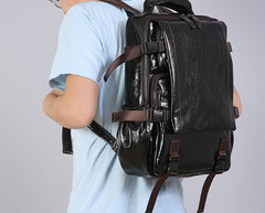 Genuine Leather Mens Cool Black Backpack Laptop Bag Large Travel Bag Hiking Bag for Men