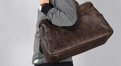 Genuine Leather Mens Travel Bag Coffee Cool Messenger Bag Shoulder Bag Handbag Weekender Bag for Men