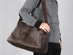 Genuine Leather Mens Travel Bag Coffee Cool Messenger Bag Shoulder Bag Handbag Weekender Bag for Men