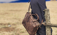 Genuine Leather Mens Vintage Dark Brown Briefcase Shoulder Bag Work Bag Laptop Bag Business Bag for Men