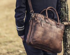 Genuine Leather Mens Vintage Gray Briefcase Shoulder Bag Work Bag Laptop Bag Business Bag for Men