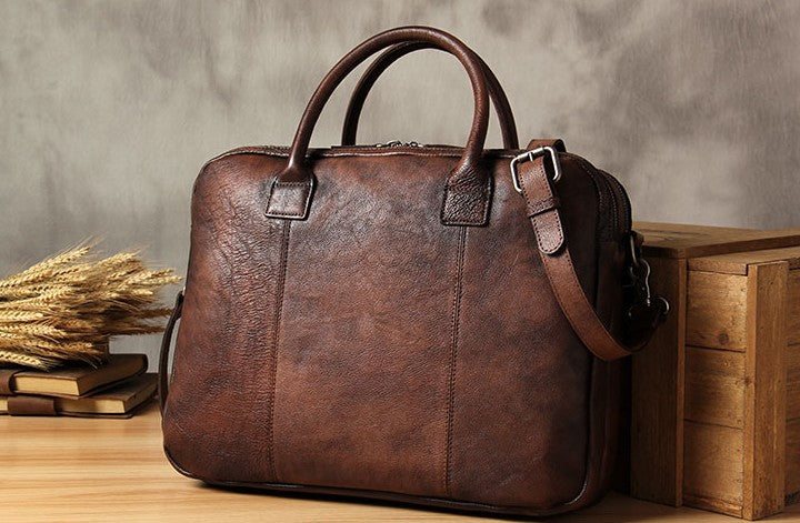 Genuine Leather Mens Vintage Brown Briefcase Shoulder Bag Work Bag Lap ...