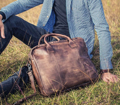 Genuine Leather Mens Vintage Brown Briefcase Shoulder Bag Work Bag Laptop Bag Business Bag for Men