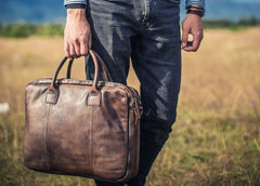 Genuine Leather Mens Vintage Dark Brown Briefcase Shoulder Bag Work Bag Laptop Bag Business Bag for Men