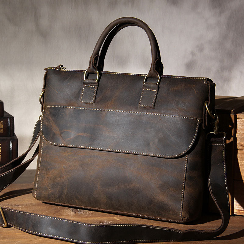 Genuine Leather Mens Vintage Coffee Briefcase Shoulder Bag Work Bag Laptop Bag Business Bag for Men