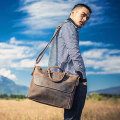 Genuine Leather Mens Vintage Coffee Briefcase Shoulder Bag Work Bag Laptop Bag Business Bag for Men