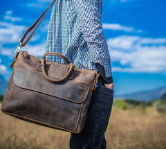 Genuine Leather Mens Vintage Coffee Briefcase Shoulder Bag Work Bag Laptop Bag Business Bag for Men