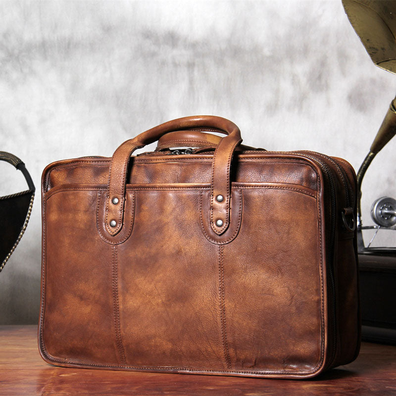 Genuine Leather Vintage Brown Mens Cool Large Briefcase Shoulder Bag Travel Bag for men