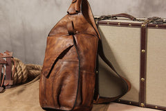 Genuine Leather Vintage Coffee Mens Cool Sling Bag Crossbody Bag Chest Bag Travel Bag for men