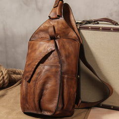 Genuine Leather Vintage Coffee Mens Cool Sling Bag Crossbody Bag Chest Bag Travel Bag for men