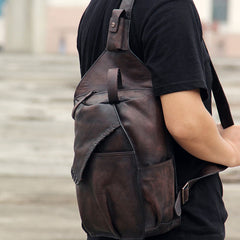 Genuine Leather Vintage Coffee Mens Cool Sling Bag Crossbody Bag Chest Bag Travel Bag for men