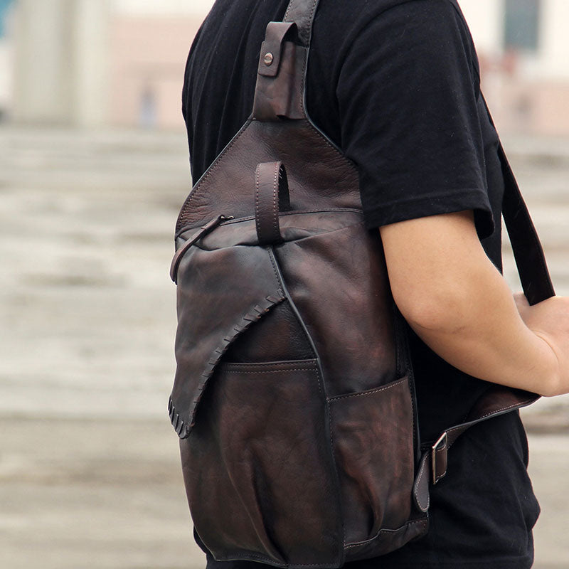 Vintage PU Leather CrossBody Sling Bag,Men Chest Shoulder Pack Casual  Backpack with USB Charging Port & Headphone Hole