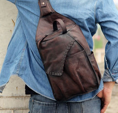 Genuine Leather Vintage Coffee Mens Cool Sling Bag Crossbody Bag Chest Bag Travel Bag for men