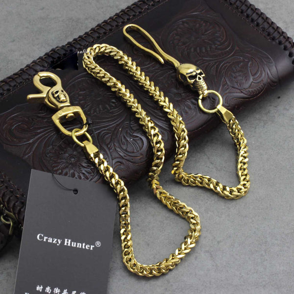 Badass Mens Gold Brass Skull Wallet Chain Long Pants Chain Biker Wallet Chain For Men - iwalletsmen