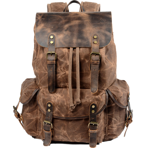 Coffee Canvas Travel Backpack Waxed Canvas Mens Coffee School Laptop Backpack Hiking Backpack For Men - iwalletsmen