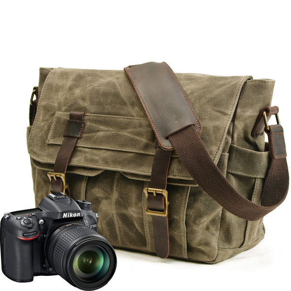 Army Green Waxed Canvas SLR Camera Messenger Bag Mens Cycling Army Green Camera Messenger Bag For Men - iwalletsmen