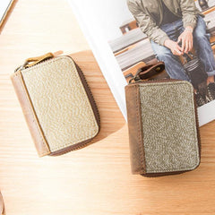 Gray Canvas Leather Mens Light Brown Small Wallets Zipper Bifold Card Wallet Coin Purse for Men - iwalletsmen