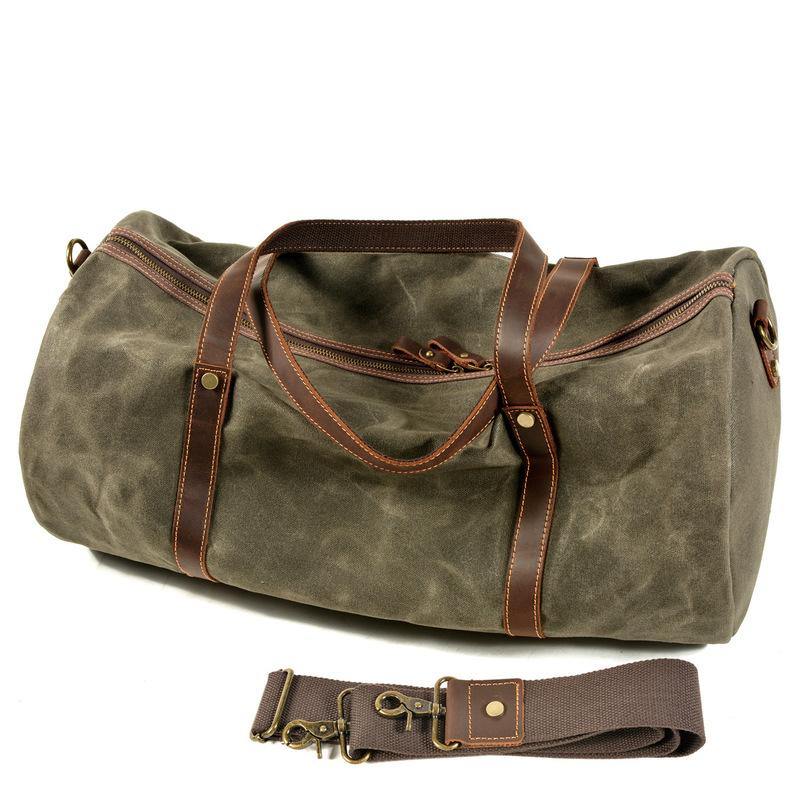 Green Leather Canvas Mens Barrel Weekender Bag Casual Travel Handbag Khaki Canvas Duffle Bag for Men - iwalletsmen