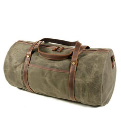 Green Leather Canvas Mens Barrel Weekender Bag Casual Travel Handbag Khaki Canvas Duffle Bag for Men - iwalletsmen