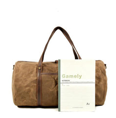 Green Leather Canvas Mens Barrel Weekender Bag Casual Travel Handbag Khaki Canvas Duffle Bag for Men - iwalletsmen