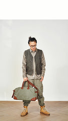 Vintage Mens Green Leather Canvas Large Weekender Bag Canvas Travel Shoulder Bag Large Duffle Bags for Men - iwalletsmen