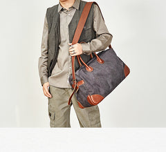 Vintage Mens Green Leather Canvas Large Weekender Bag Canvas Travel Shoulder Bag Large Duffle Bags for Men - iwalletsmen
