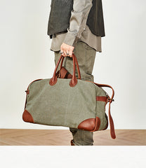 Vintage Mens Green Leather Canvas Large Weekender Bag Canvas Travel Shoulder Bag Large Duffle Bags for Men - iwalletsmen