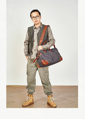 Vintage Mens Green Leather Canvas Large Weekender Bag Canvas Travel Shoulder Bag Large Duffle Bags for Men - iwalletsmen