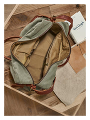 Vintage Mens Green Leather Canvas Large Weekender Bag Canvas Travel Shoulder Bag Large Duffle Bags for Men - iwalletsmen