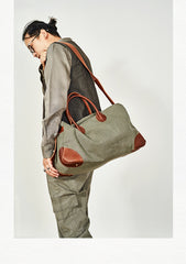 Vintage Mens Green Leather Canvas Large Weekender Bag Canvas Travel Shoulder Bag Large Duffle Bags for Men - iwalletsmen