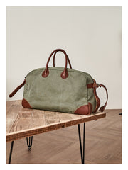 Vintage Mens Green Leather Canvas Large Weekender Bag Canvas Travel Shoulder Bag Large Duffle Bags for Men - iwalletsmen