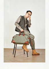 Vintage Mens Green Leather Canvas Large Weekender Bag Canvas Travel Shoulder Bag Large Duffle Bags for Men - iwalletsmen