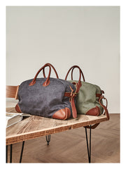 Vintage Mens Green Leather Canvas Large Weekender Bag Canvas Travel Shoulder Bag Large Duffle Bags for Men - iwalletsmen