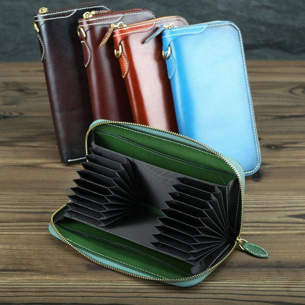 Green Mens Leather Cards Long Wallets Lot of Cards Black Zipper Long Wallet Cards Wallet for Men - iwalletsmen