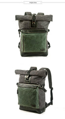 Dark Green Waxed Canvas Mens Backpack Canvas Rollup Travel Backpack Waterproof Hiking Backpack For Men - iwalletsmen