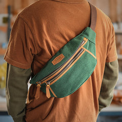 Green Canvas Leather Mens Chest Bag Waist Bag Fanny Pack Bum Pack For Men - iwalletsmen