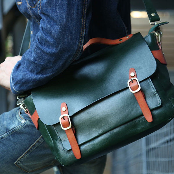 Green Leather Mens Briefcase Messenger Bag Handbag Shoulder Bag for men - iwalletsmen
