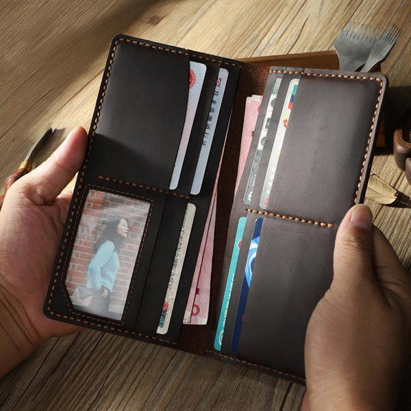 Handmade Coffee Leather Mens Bifold Long Wallet Personalized Coffee Checkbook Wallets for Men - iwalletsmen