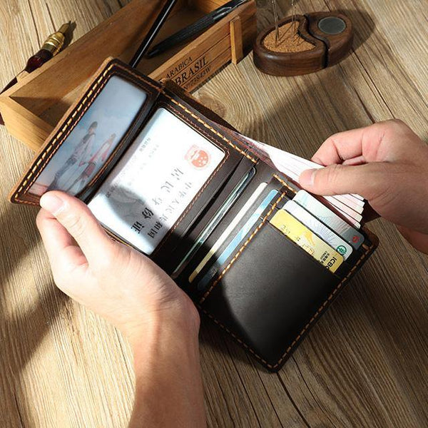 Handmade Coffee Leather Mens Trifold Billfold Personalized Trifold Small Wallets for Men - iwalletsmen