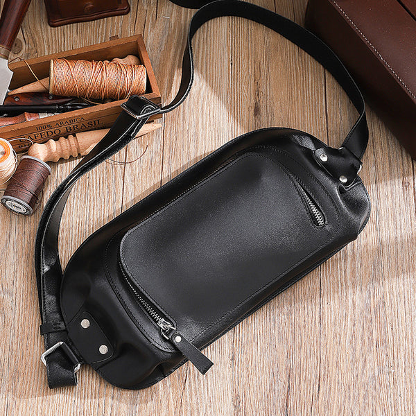 Handmade Black LEATHER MEN Sling Bag Waist BAG LEATHER Fanny Pack FOR MEN - iwalletsmen