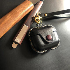 Handmade Black Leather AirPods Pro Case with Wristlet Strap Leather AirPods Case Airpod Case Cover - iwalletsmen