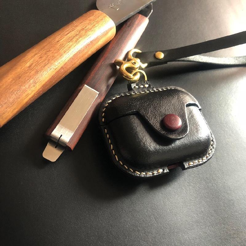 Handmade Black Leather AirPods Pro Case with Wristlet Strap Leather AirPods Case Airpod Case Cover - iwalletsmen