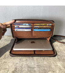 Handmade Black Leather Mens Bifold Wristlet Wallet Brown Clutch Wallet IPAD Bag Clutch Purse Men - iwalletsmen