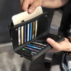 Handmade Black Leather Mens Bifold Long Wallet Brown Multifunction Wallet Phone Wallet Card Holder Clutch Men - iwalletsmen