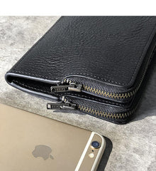 Handmade Black Leather Mens Bifold Long Wallet Brown Multifunction Wallet Phone Wallet Card Holder Clutch Men - iwalletsmen