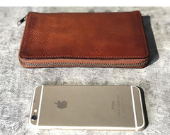 Handmade Black Leather Mens Bifold Long Wallet Brown Zipper Long Wallets Card Holders Clutch Men - iwalletsmen