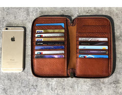 Handmade Black Leather Mens Bifold Long Wallet Brown Zipper Long Wallets Card Holders Clutch Men - iwalletsmen